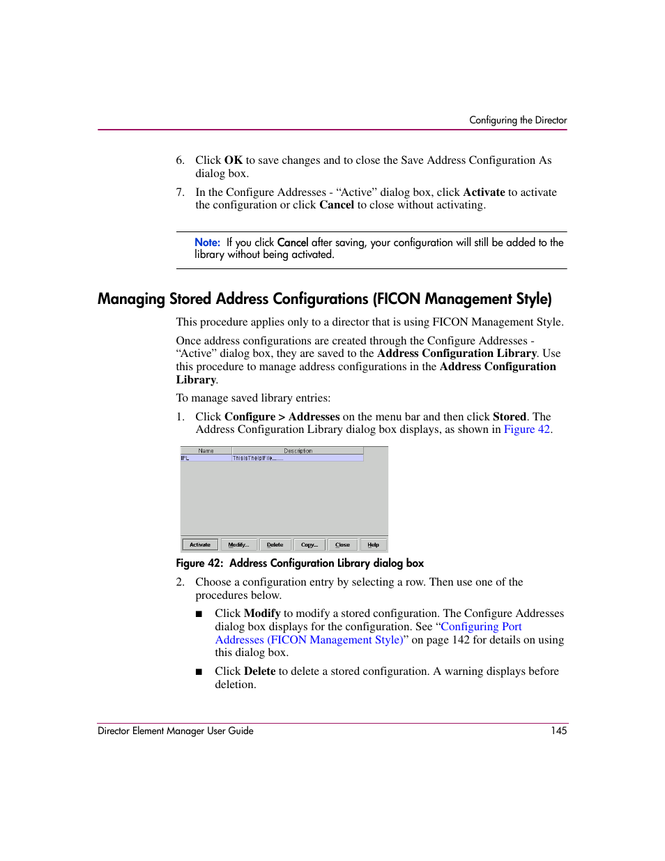 42 address configuration library dialog box, Managing stored address, Configurations (ficon management style) | HP StorageWorks 2.140 Director Switch User Manual | Page 147 / 278