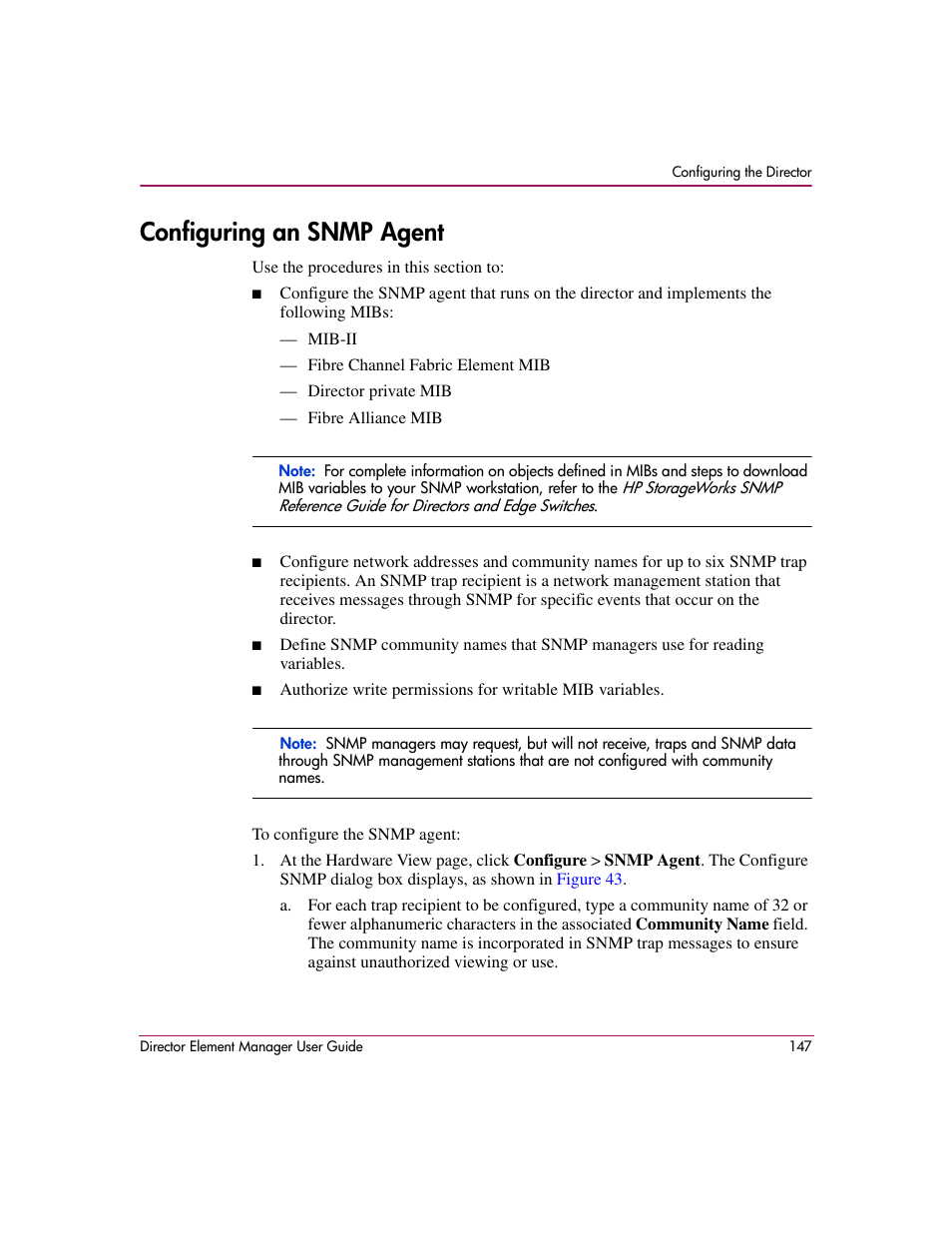 Configuring an snmp agent | HP StorageWorks 2.140 Director Switch User Manual | Page 149 / 278