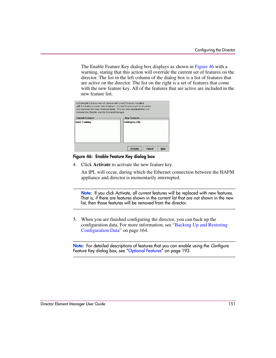 Figure 46: enable feature key dialog box, 46 enable feature key dialog box | HP StorageWorks 2.140 Director Switch User Manual | Page 153 / 278