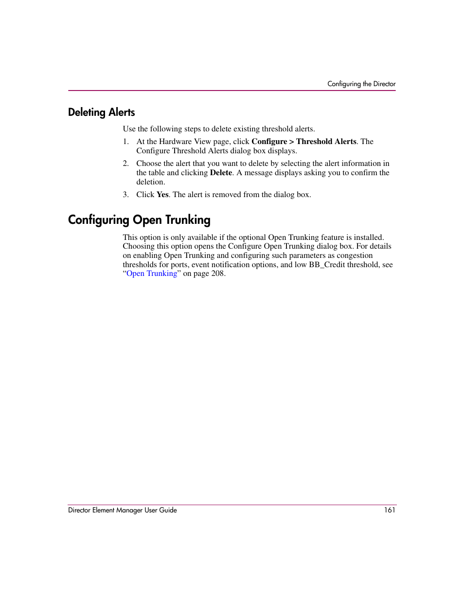 Deleting alerts, Configuring open trunking | HP StorageWorks 2.140 Director Switch User Manual | Page 163 / 278