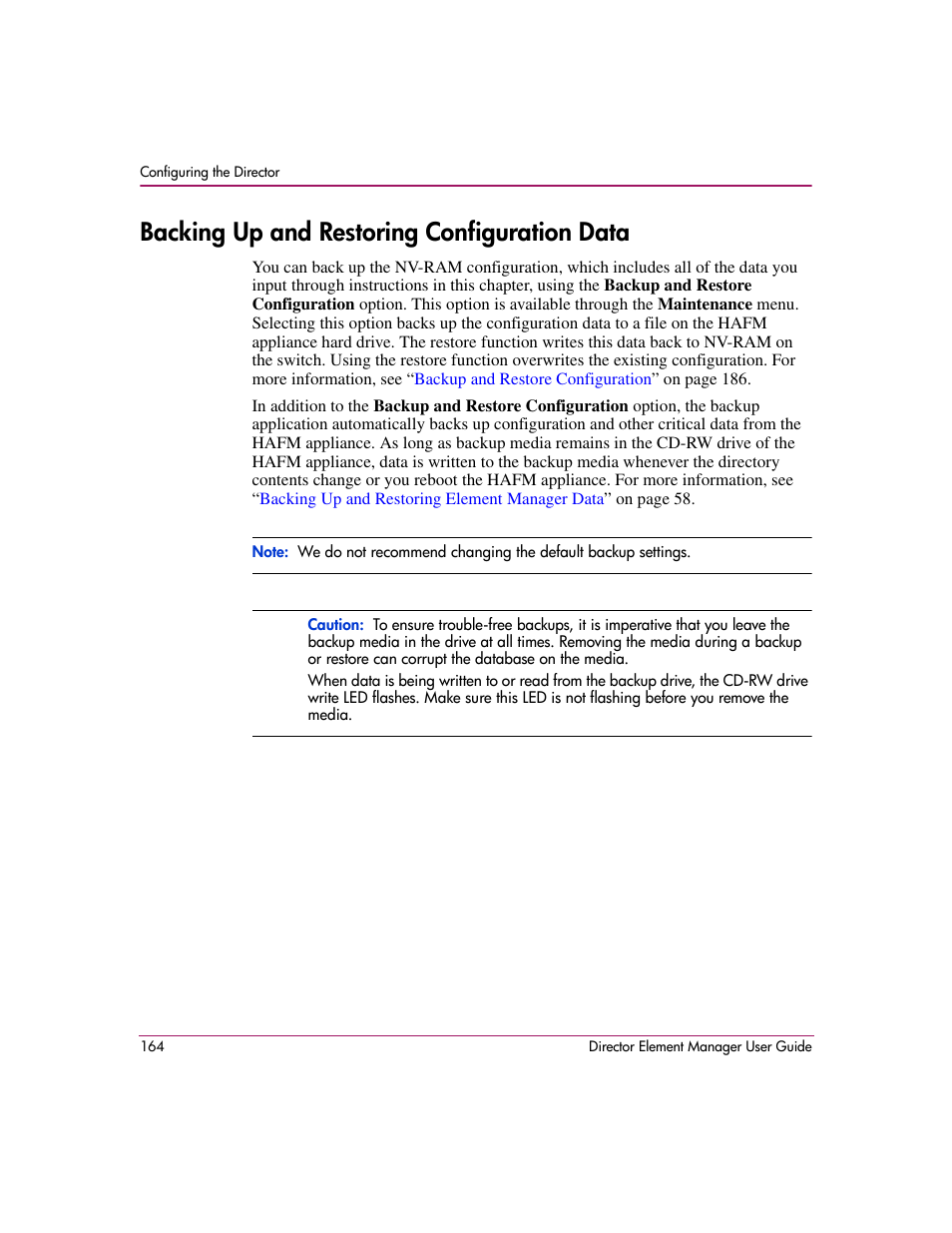 Backing up and restoring configuration data, Backing up and restoring, Configuration data | On, see | HP StorageWorks 2.140 Director Switch User Manual | Page 166 / 278