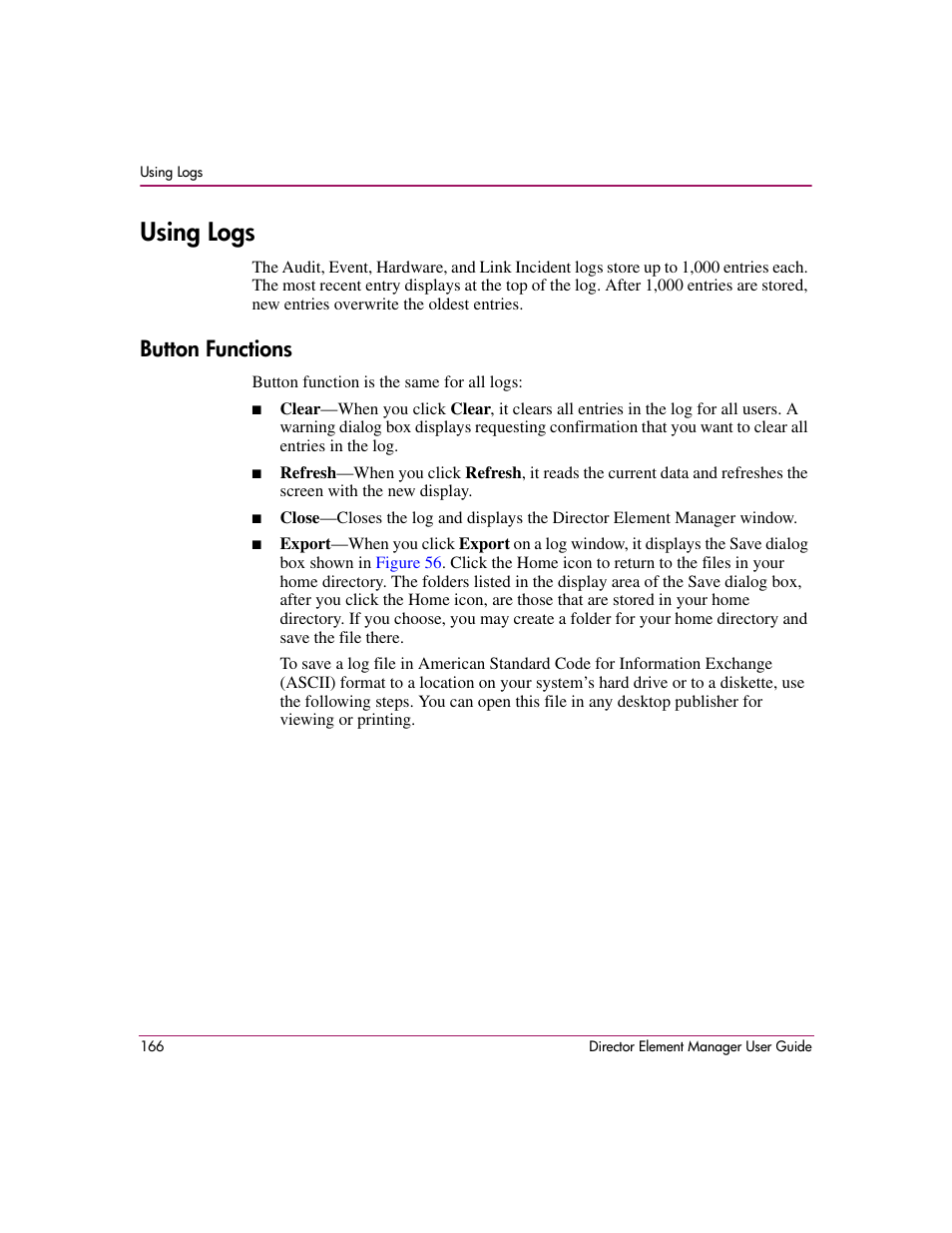 Using logs, Button functions | HP StorageWorks 2.140 Director Switch User Manual | Page 168 / 278