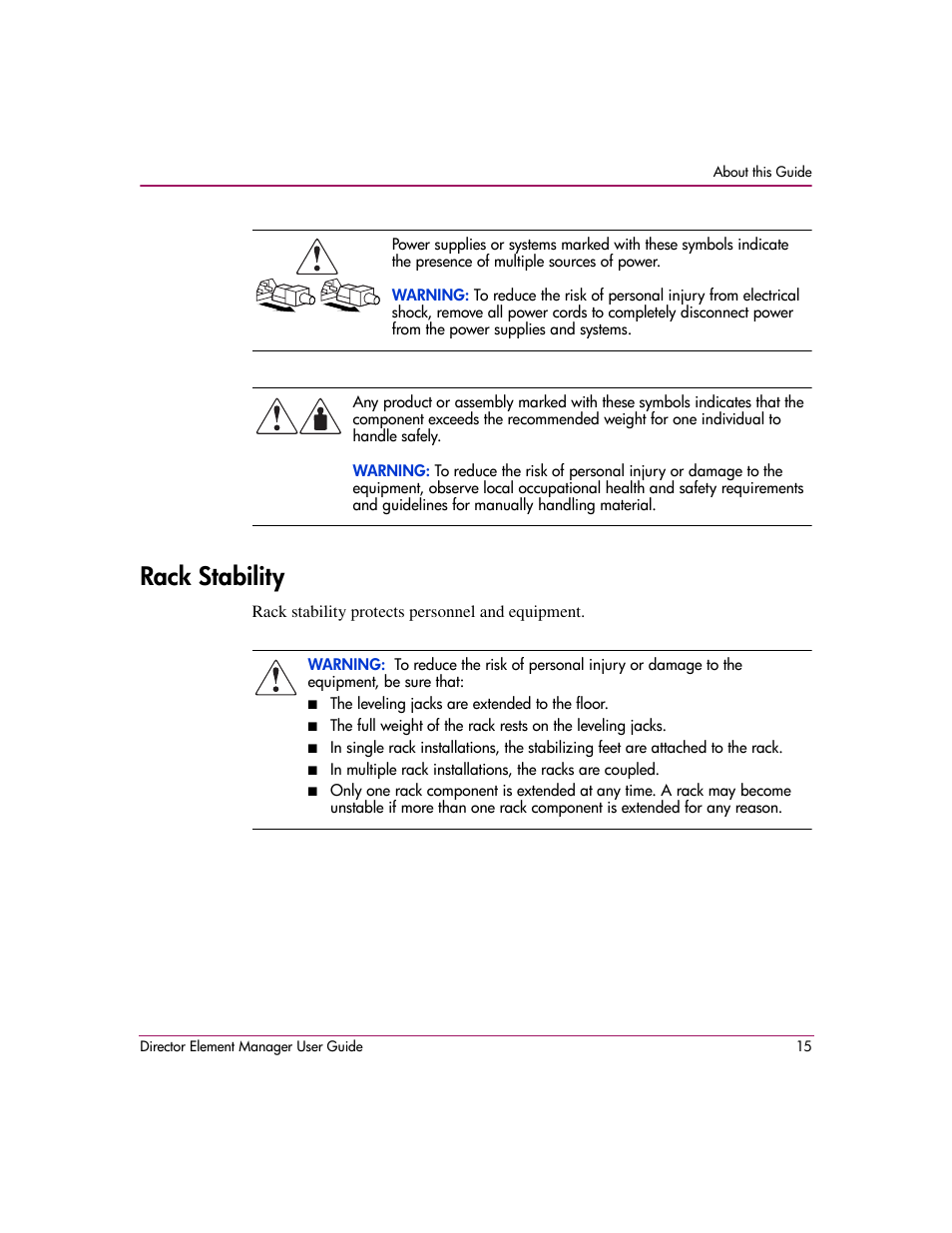 Rack stability | HP StorageWorks 2.140 Director Switch User Manual | Page 17 / 278