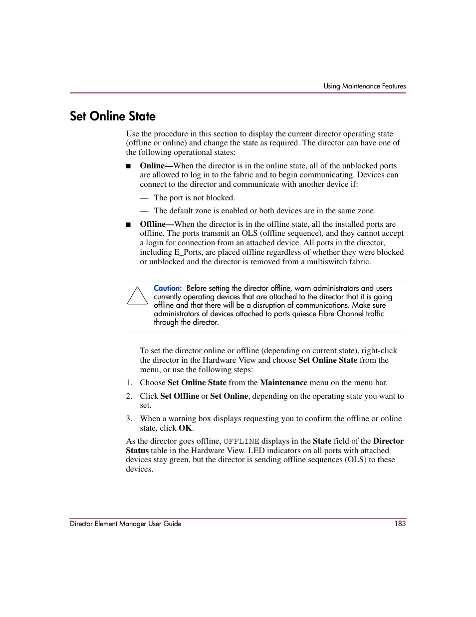 Set online state, Online state | HP StorageWorks 2.140 Director Switch User Manual | Page 185 / 278