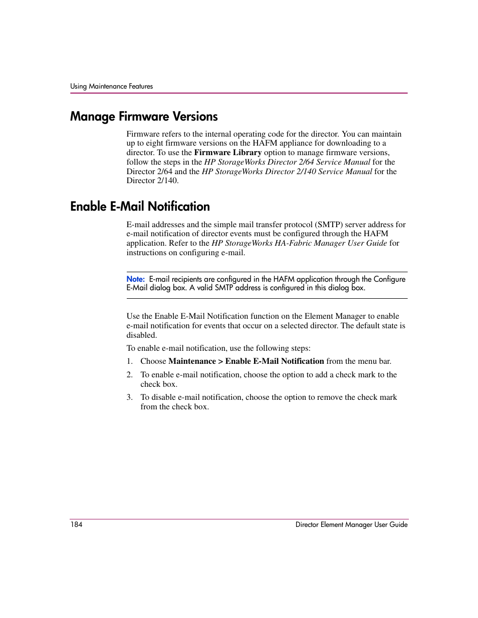 Manage firmware versions, Enable e-mail notification | HP StorageWorks 2.140 Director Switch User Manual | Page 186 / 278