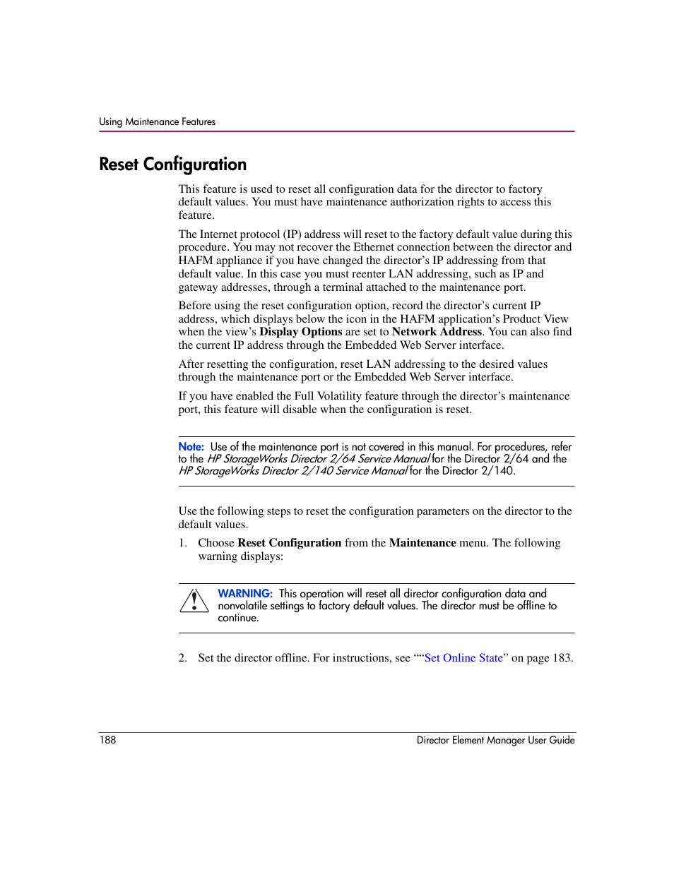 Reset configuration, On, see, Reset | Configuration | HP StorageWorks 2.140 Director Switch User Manual | Page 190 / 278