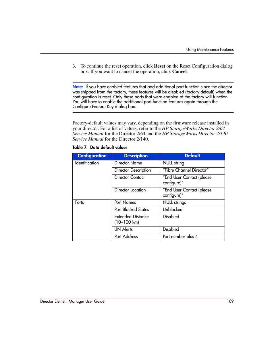 Table 7: data default values, 7 data default values | HP StorageWorks 2.140 Director Switch User Manual | Page 191 / 278