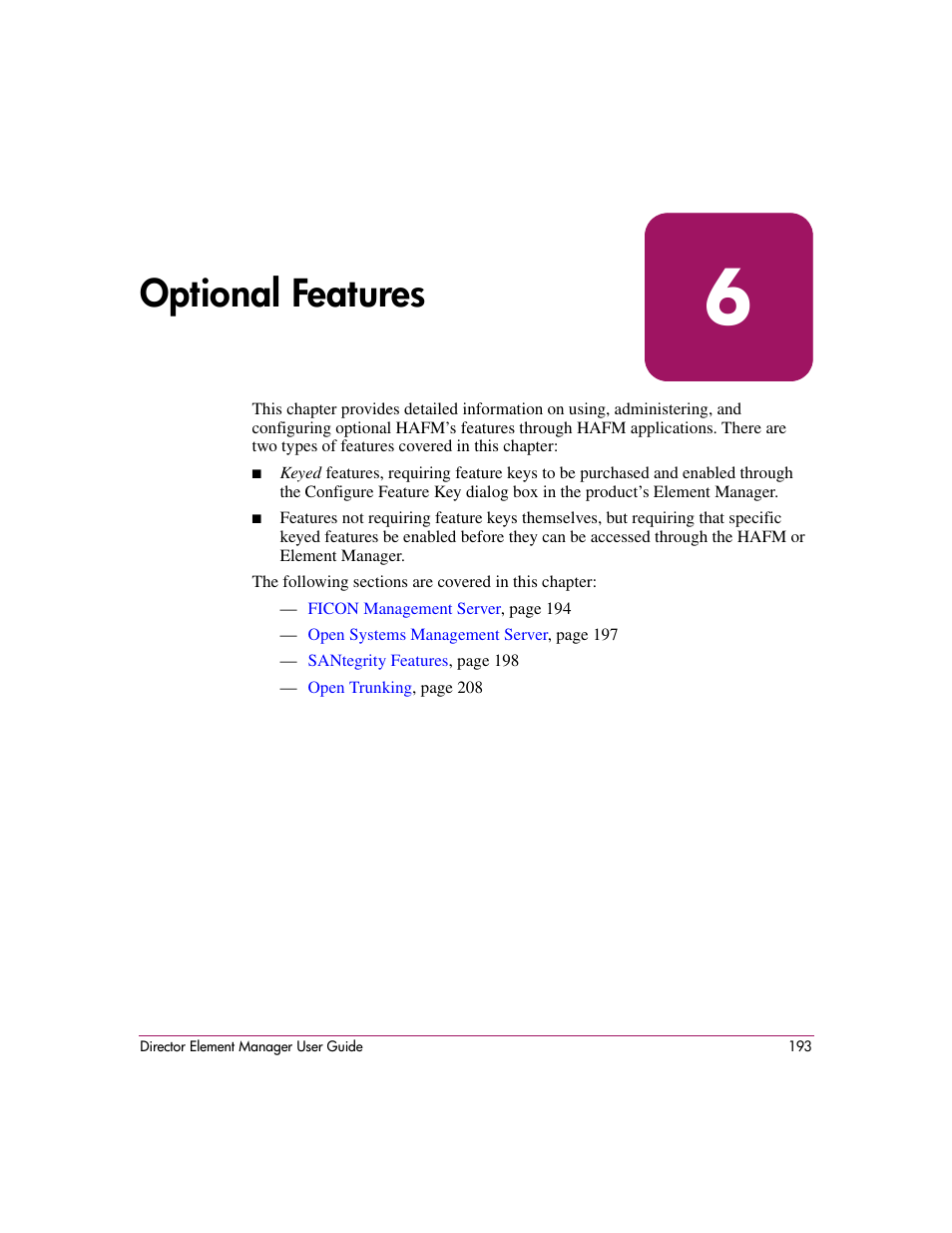 Optional features, 6 optional features | HP StorageWorks 2.140 Director Switch User Manual | Page 195 / 278