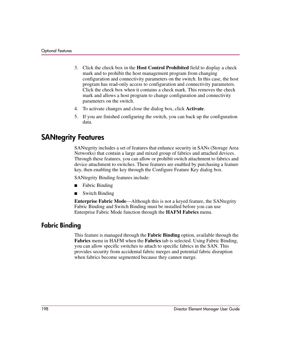 Santegrity features, Fabric binding, Feature, see | Santegrity, Features | HP StorageWorks 2.140 Director Switch User Manual | Page 200 / 278