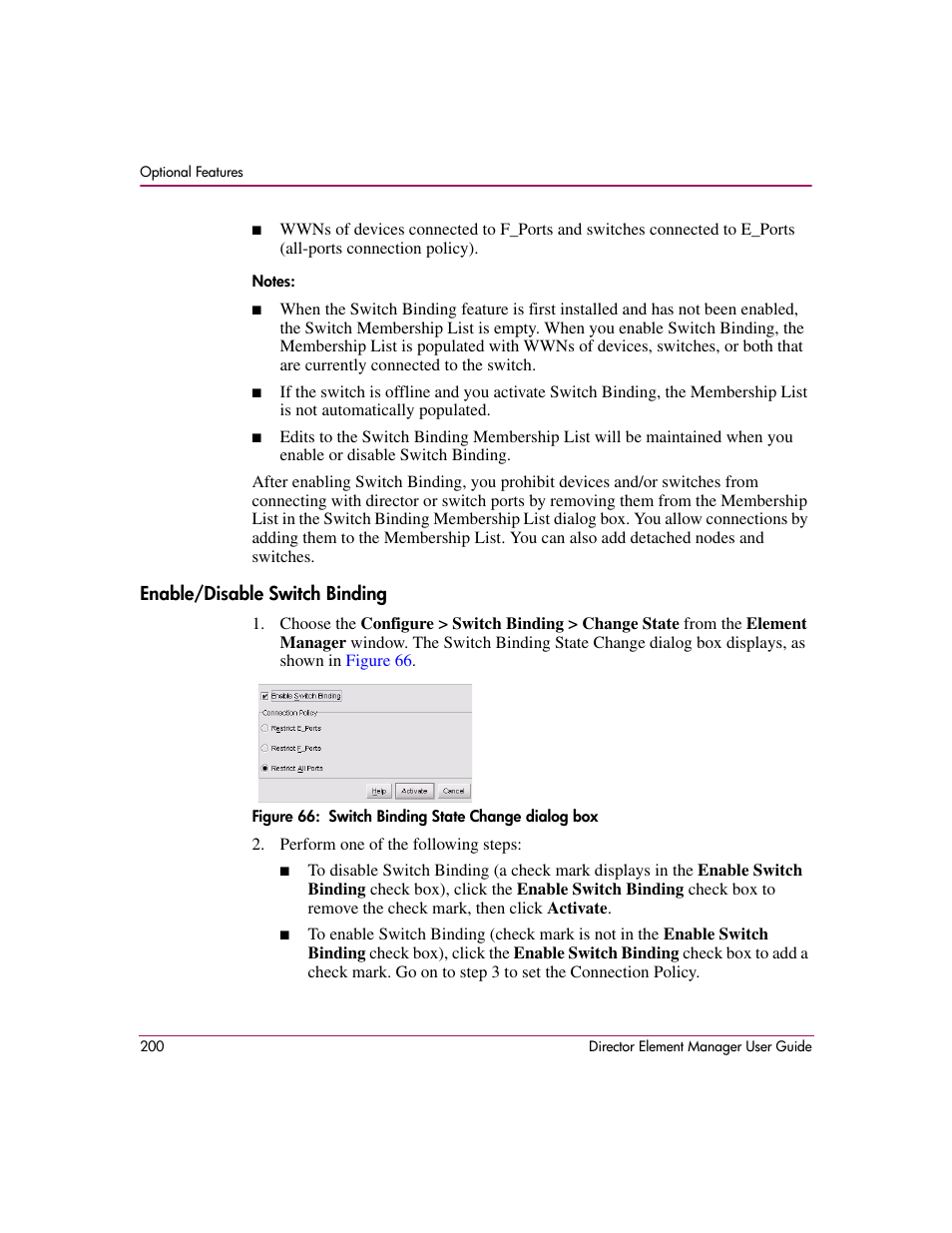 Enable/disable switch binding, Figure 66: switch binding state change dialog box, 66 switch binding state change dialog box | HP StorageWorks 2.140 Director Switch User Manual | Page 202 / 278