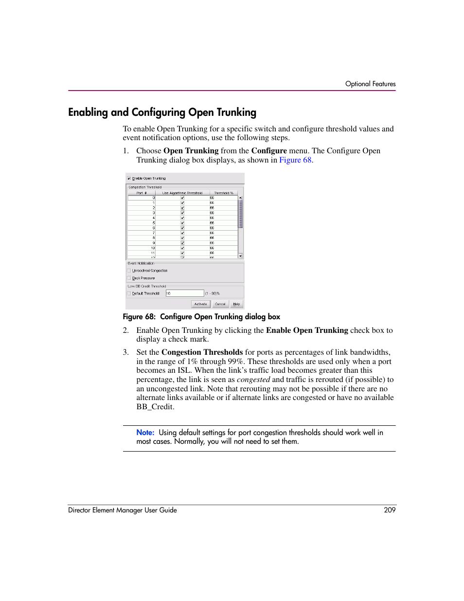Enabling and configuring open trunking, Figure 68: configure open trunking dialog box, 68 configure open trunking dialog box | HP StorageWorks 2.140 Director Switch User Manual | Page 211 / 278