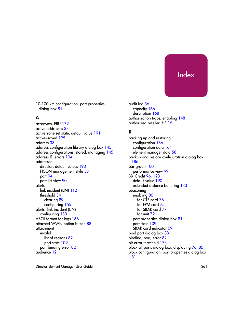 Index | HP StorageWorks 2.140 Director Switch User Manual | Page 263 / 278