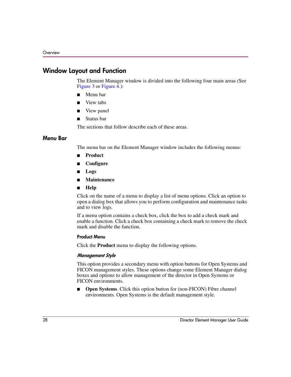 Window layout and function, Menu bar | HP StorageWorks 2.140 Director Switch User Manual | Page 30 / 278