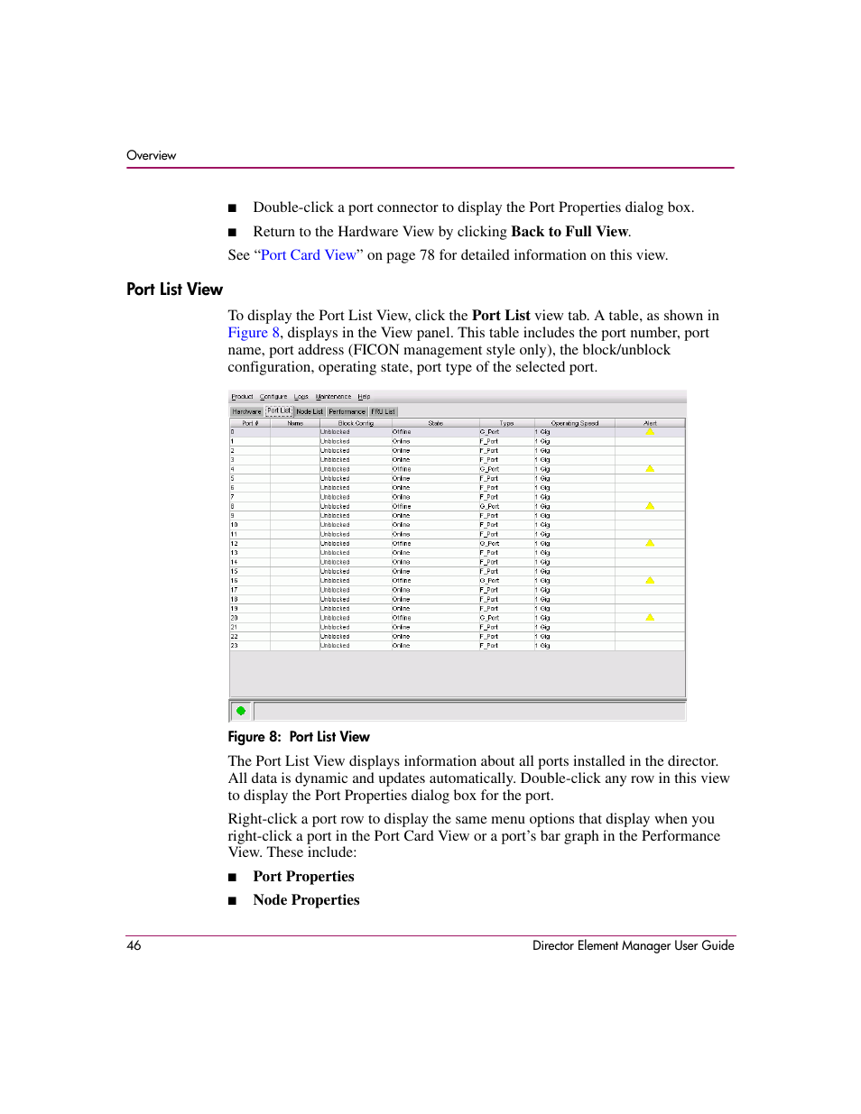 Port list view, Figure 8: port list view, 8 port list view | HP StorageWorks 2.140 Director Switch User Manual | Page 48 / 278