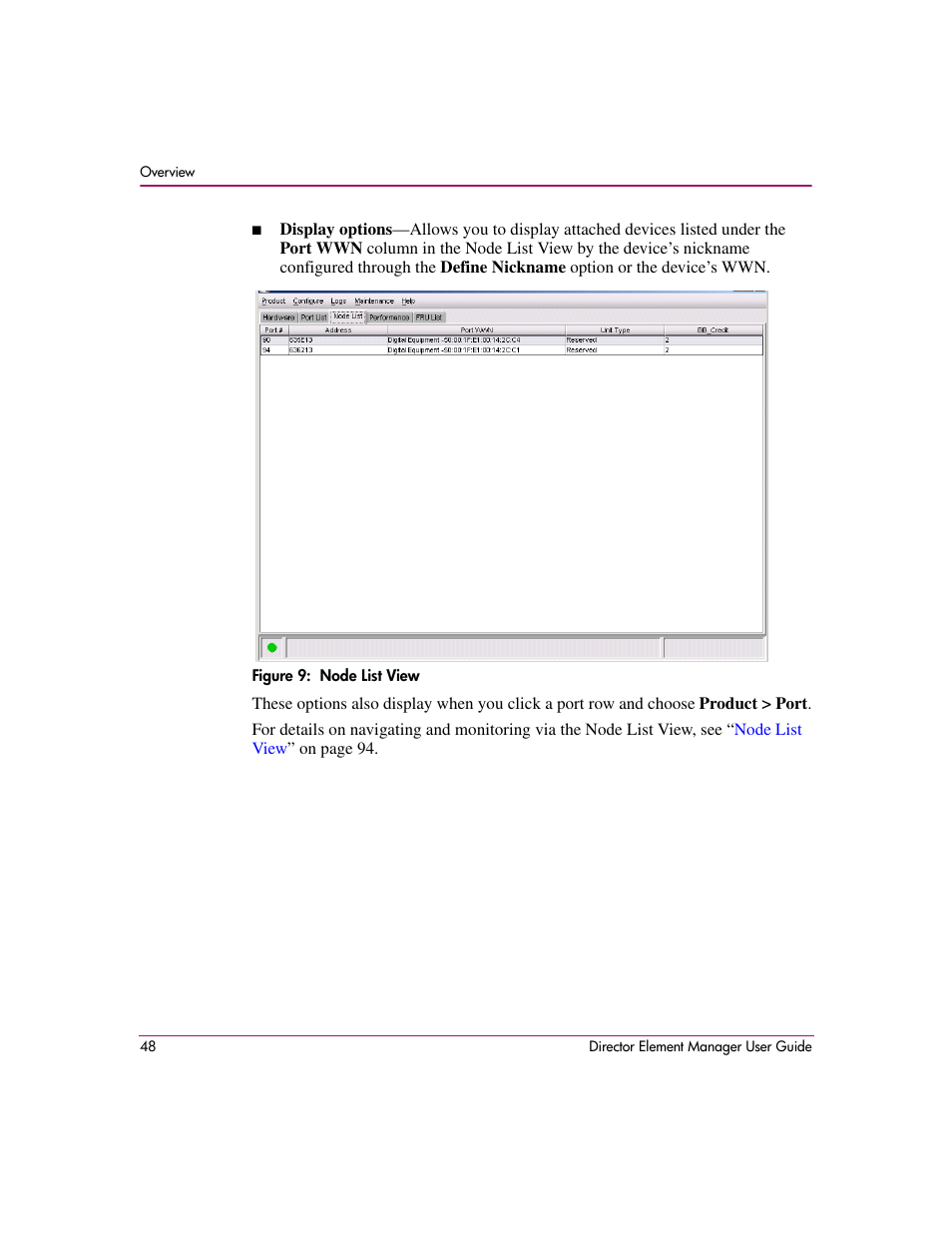 Figure 9: node list view, 9 node list view, Figure 9 | HP StorageWorks 2.140 Director Switch User Manual | Page 50 / 278