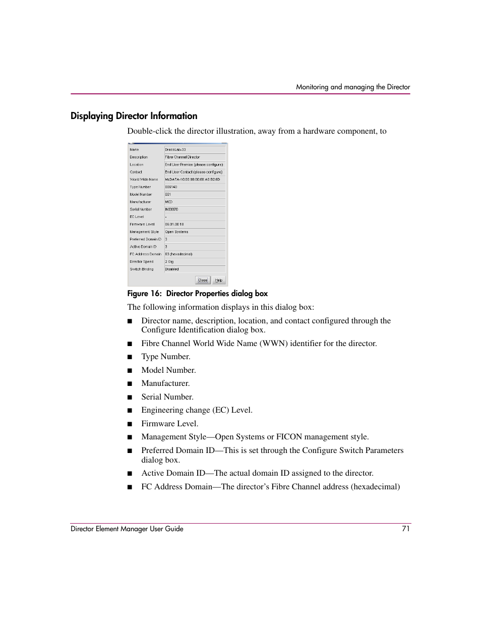 Displaying director information, Figure 16: director properties dialog box, 16 director properties dialog box | Ion, as detailed under | HP StorageWorks 2.140 Director Switch User Manual | Page 73 / 278