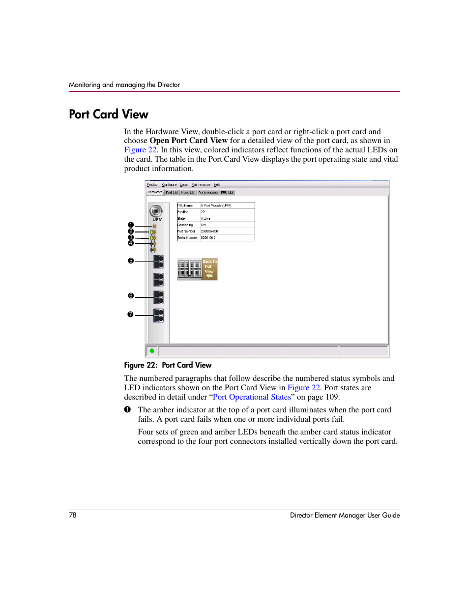 Port card view, Figure 22: port card view, 22 port card view | For each port. see, Port card, View, Port card. see | HP StorageWorks 2.140 Director Switch User Manual | Page 80 / 278