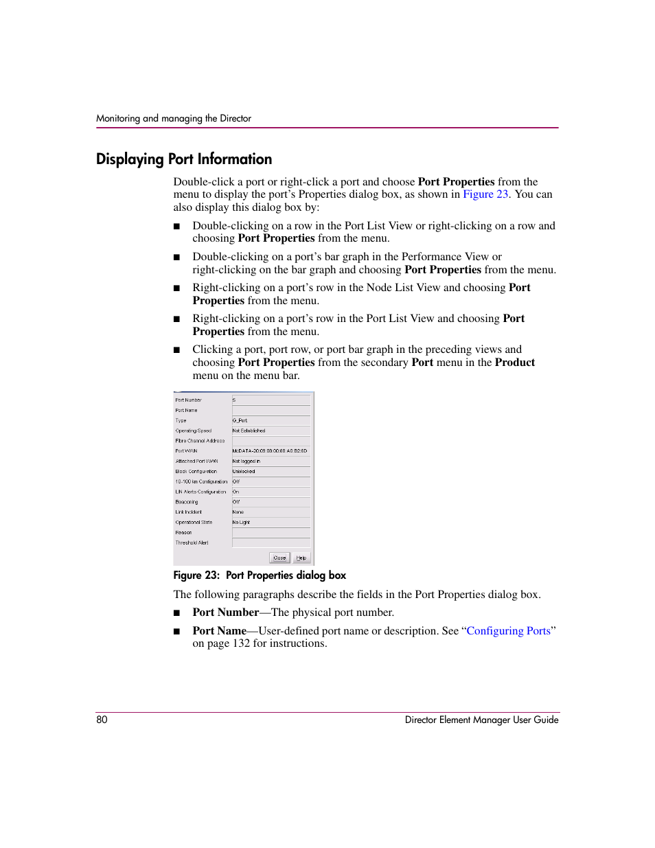 Displaying port information, Figure 23: port properties dialog box, 23 port properties dialog box | HP StorageWorks 2.140 Director Switch User Manual | Page 82 / 278