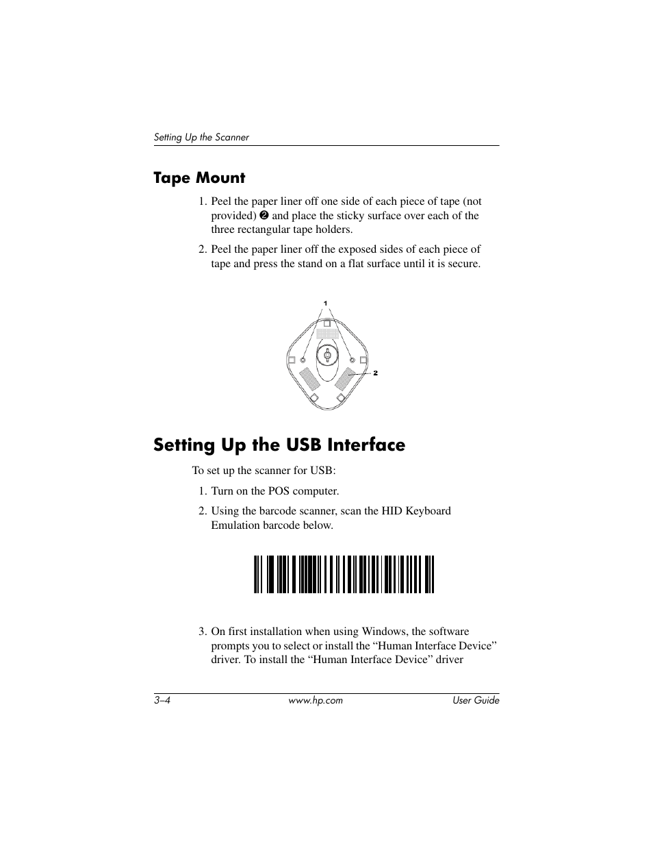 Tape mount, Setting up the usb interface, Tape mount –4 | Setting up the usb interface –4 | HP Point of Sale rp5000 User Manual | Page 14 / 60