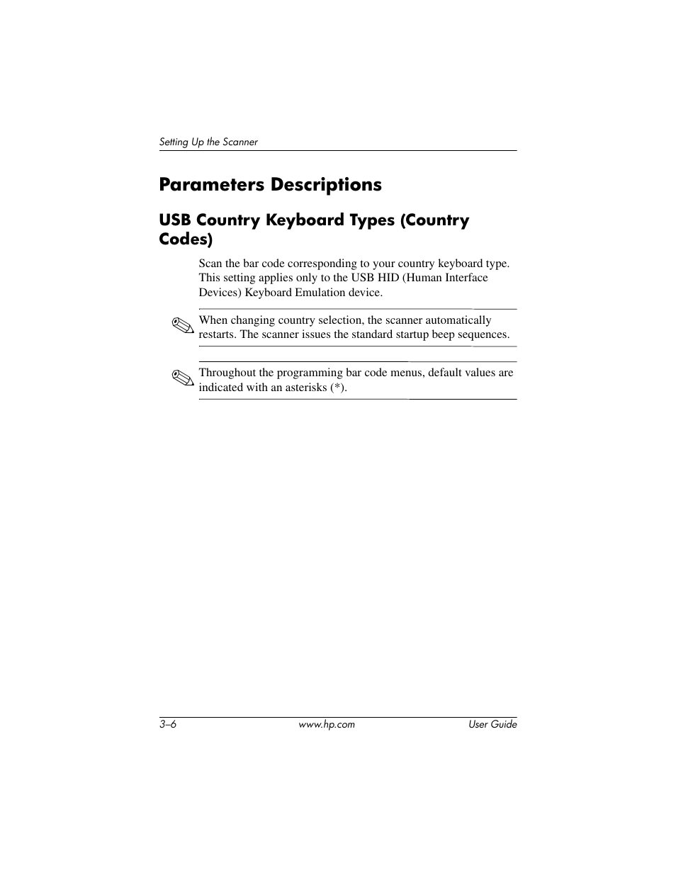 Parameters descriptions, Usb country keyboard types (country codes), Parameters descriptions –6 | Usb country keyboard types (country codes) –6 | HP Point of Sale rp5000 User Manual | Page 16 / 60