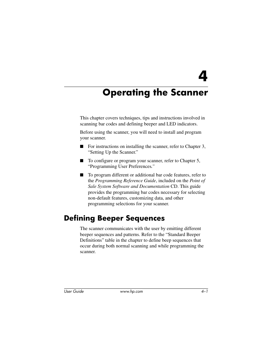 Operating the scanner, Defining beeper sequences, 4 operating the scanner | Defining beeper sequences –1 | HP Point of Sale rp5000 User Manual | Page 39 / 60
