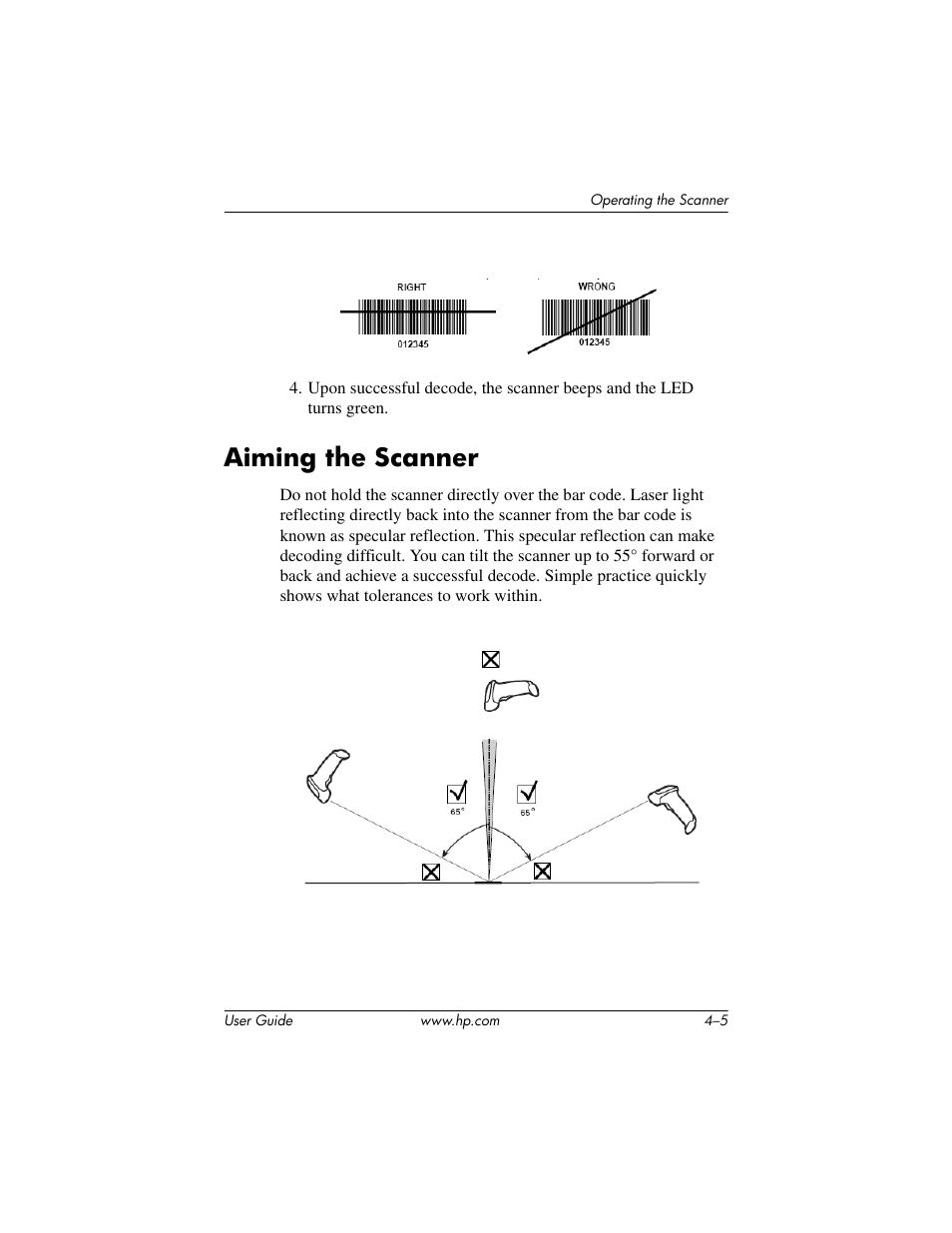 Aiming the scanner, Aiming the scanner –5 | HP Point of Sale rp5000 User Manual | Page 43 / 60