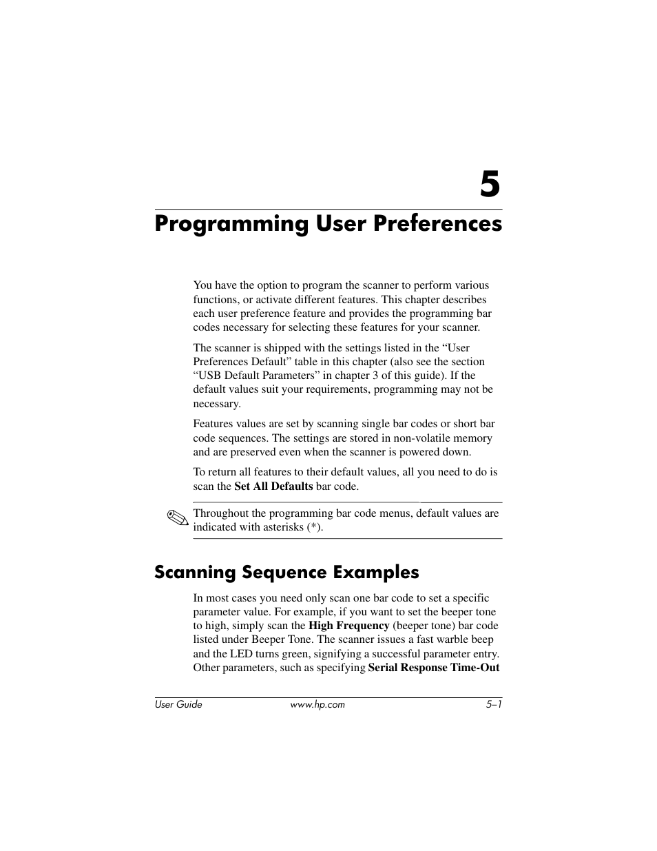 Programming user preferences, Scanning sequence examples, 5 programming user preferences | Scanning sequence examples –1 | HP Point of Sale rp5000 User Manual | Page 45 / 60