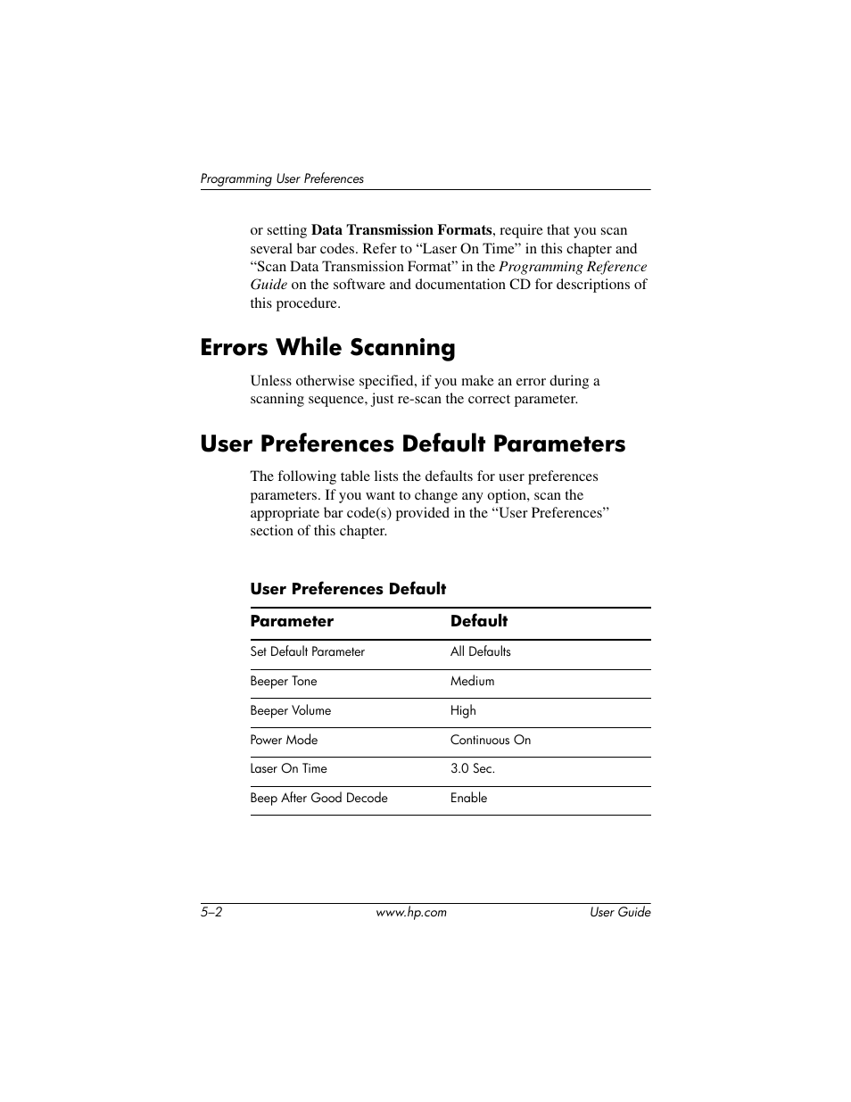 Errors while scanning, User preferences default parameters | HP Point of Sale rp5000 User Manual | Page 46 / 60