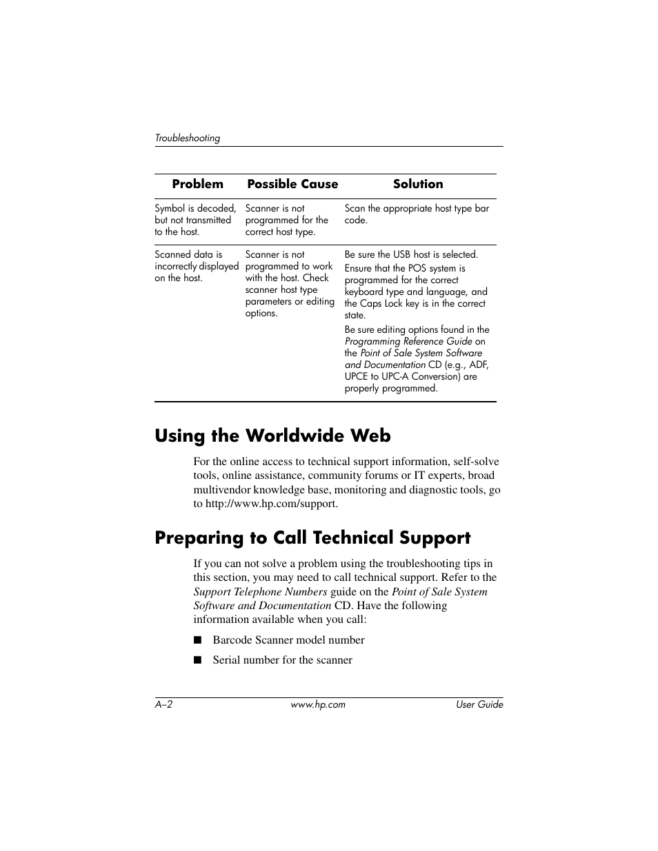 Using the worldwide web, Preparing to call technical support | HP Point of Sale rp5000 User Manual | Page 54 / 60