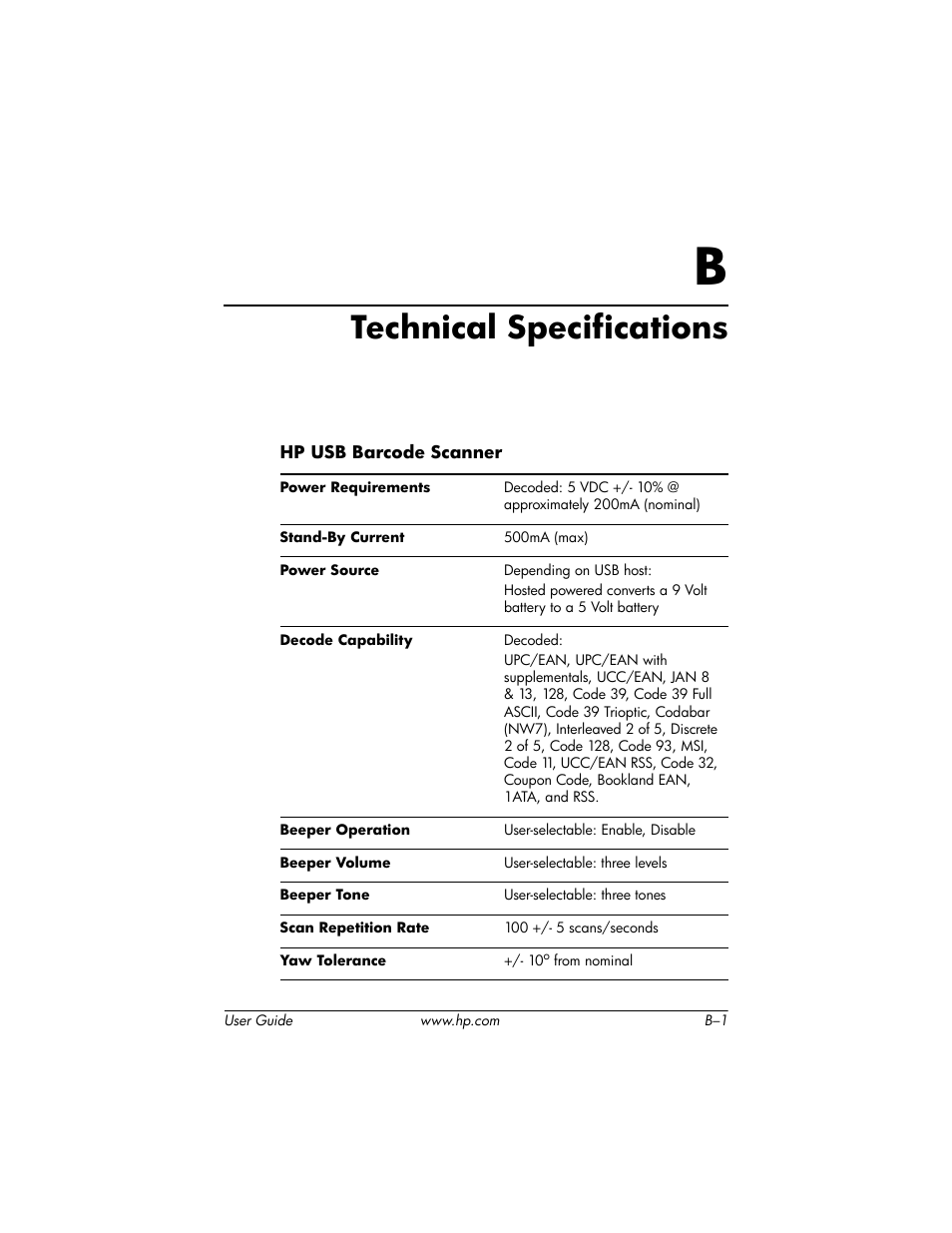 Technical specifications, B technical specifications | HP Point of Sale rp5000 User Manual | Page 57 / 60