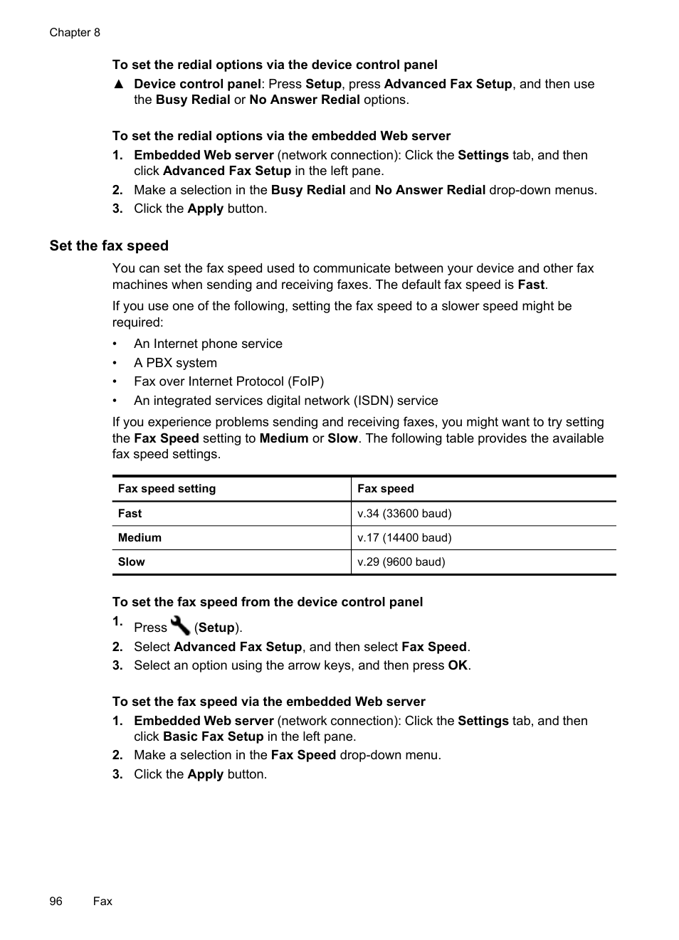 Set the fax speed | HP Officejet Pro 8500 User Manual | Page 100 / 306