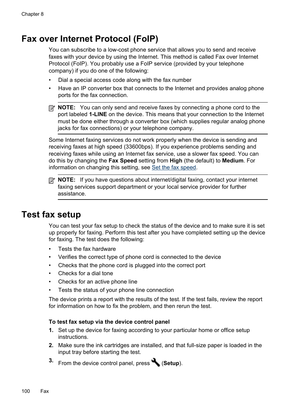 Fax over internet protocol (foip), Test fax setup, Fax over internet protocol (foip) test fax setup | HP Officejet Pro 8500 User Manual | Page 104 / 306