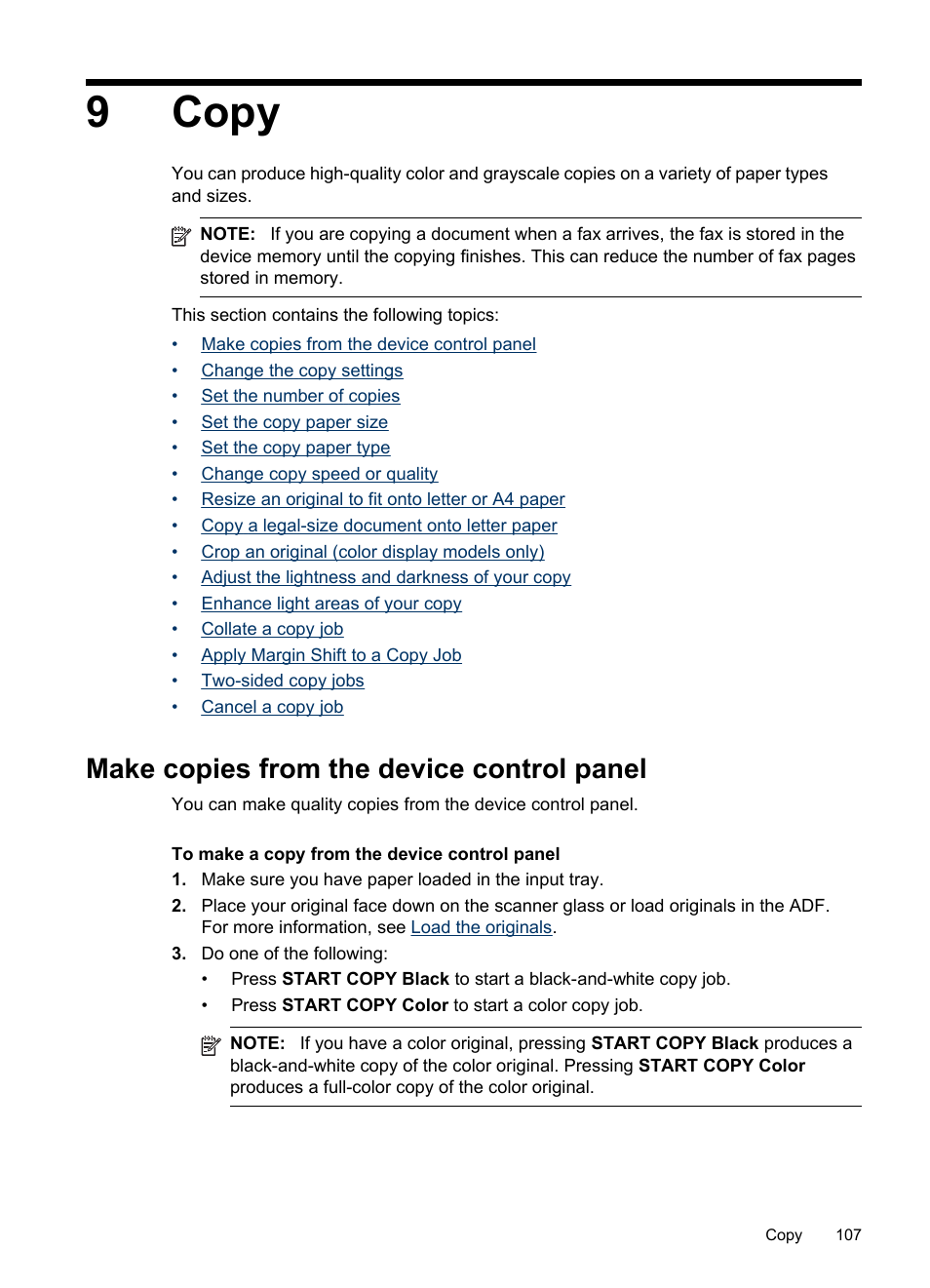 Copy, Make copies from the device control panel, 9 copy | 9copy | HP Officejet Pro 8500 User Manual | Page 111 / 306