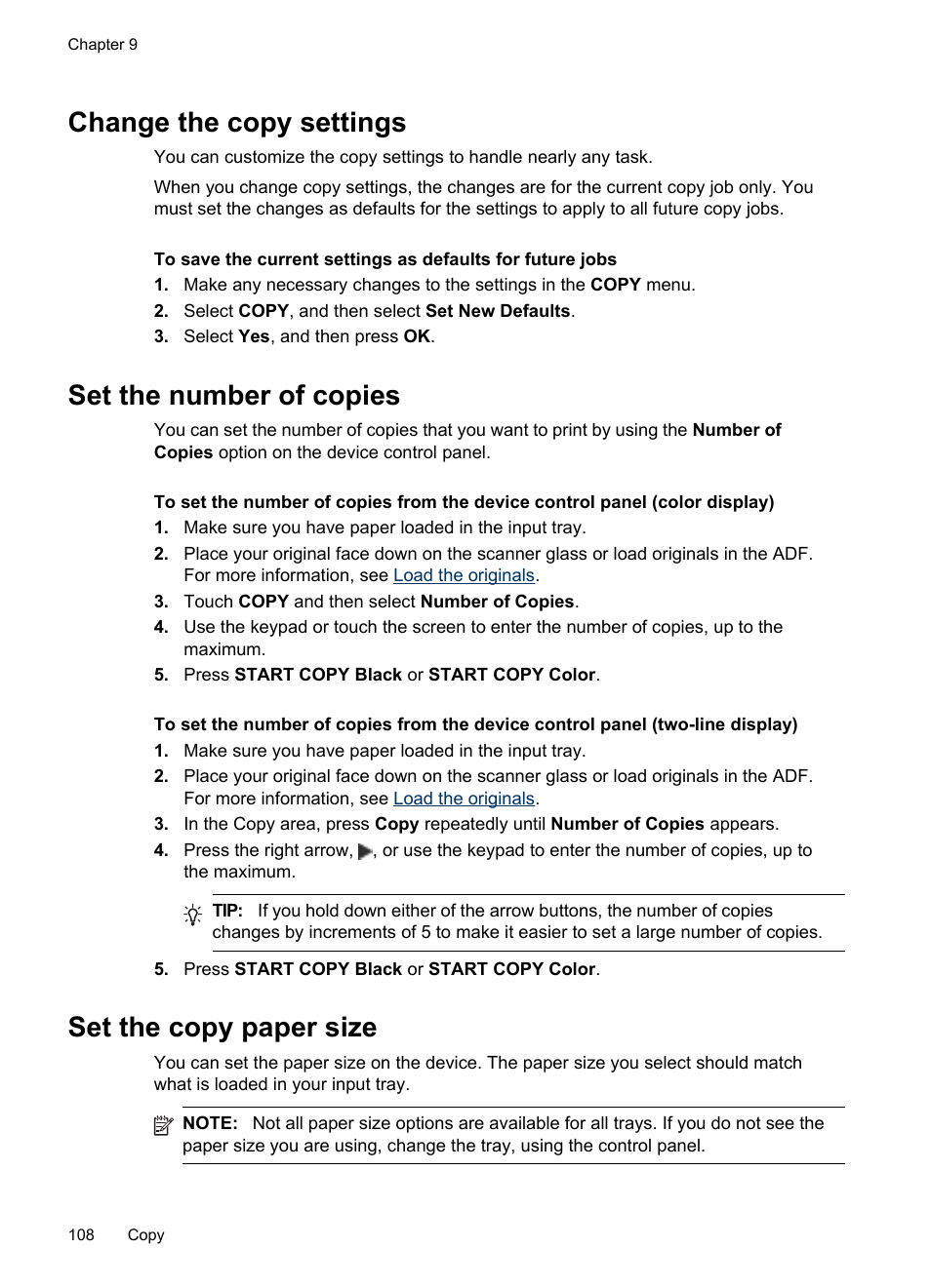 Change the copy settings, Set the number of copies, Set the copy paper size | HP Officejet Pro 8500 User Manual | Page 112 / 306