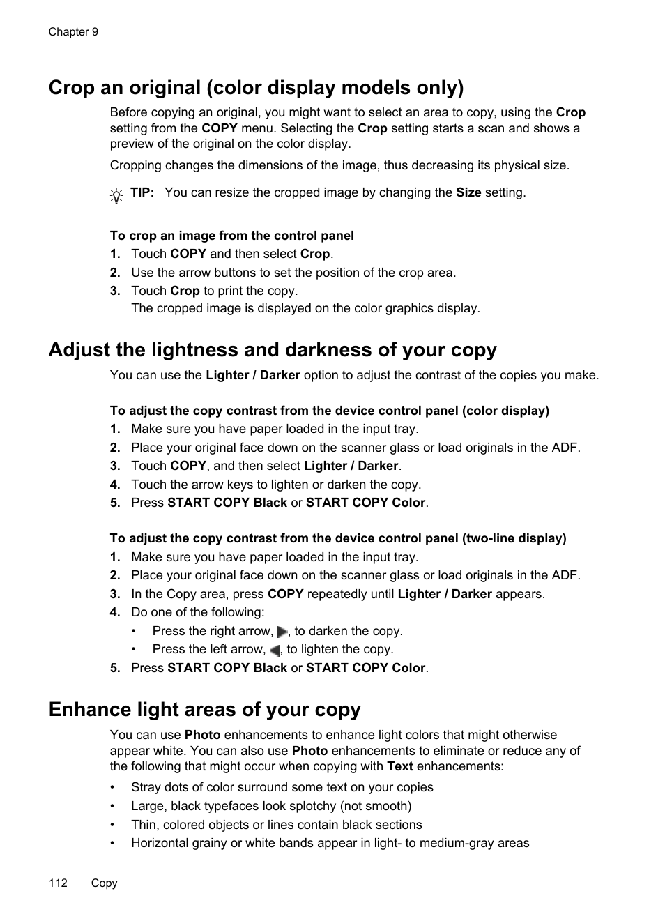 Crop an original (color display models only), Adjust the lightness and darkness of your copy, Enhance light areas of your copy | HP Officejet Pro 8500 User Manual | Page 116 / 306