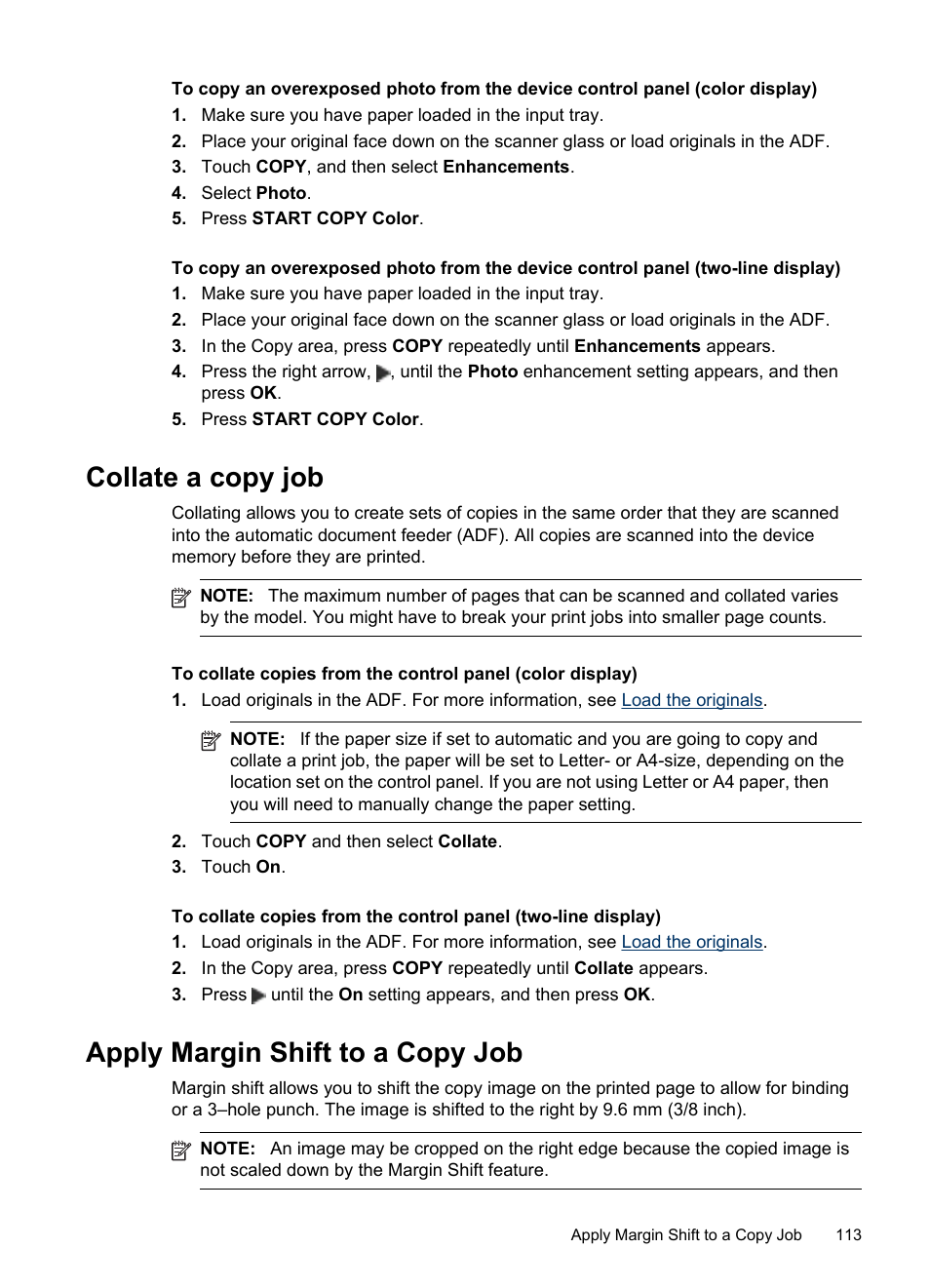 Collate a copy job, Apply margin shift to a copy job | HP Officejet Pro 8500 User Manual | Page 117 / 306