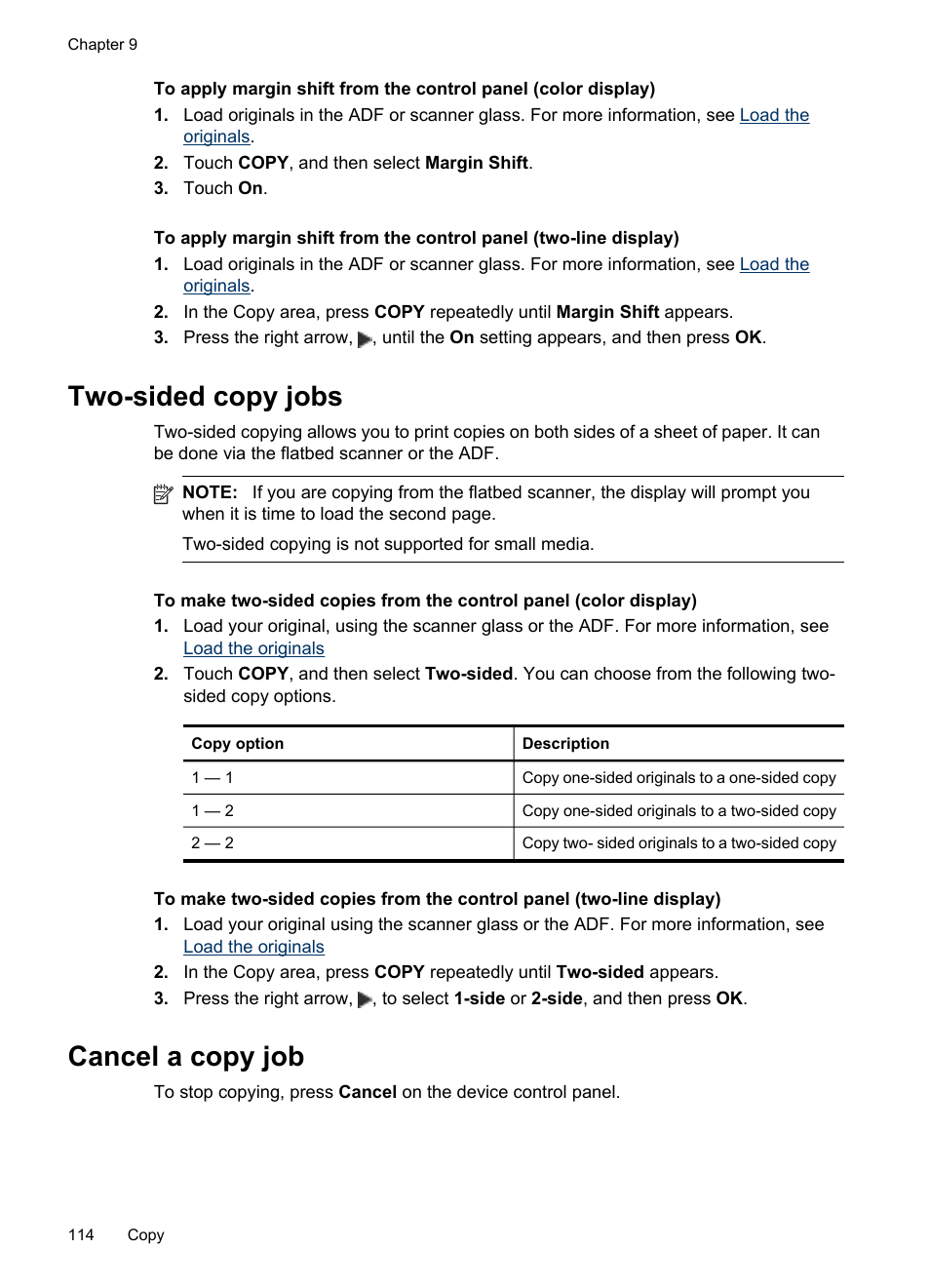 Two-sided copy jobs, Cancel a copy job, Two-sided copy jobs cancel a copy job | HP Officejet Pro 8500 User Manual | Page 118 / 306