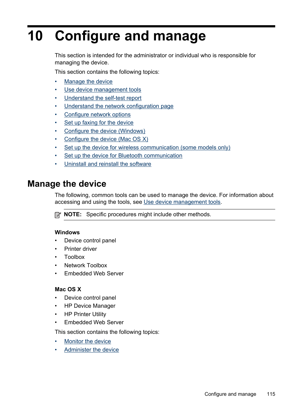 Configure and manage, Manage the device, 10 configure and manage | Monitor the device administer the device | HP Officejet Pro 8500 User Manual | Page 119 / 306