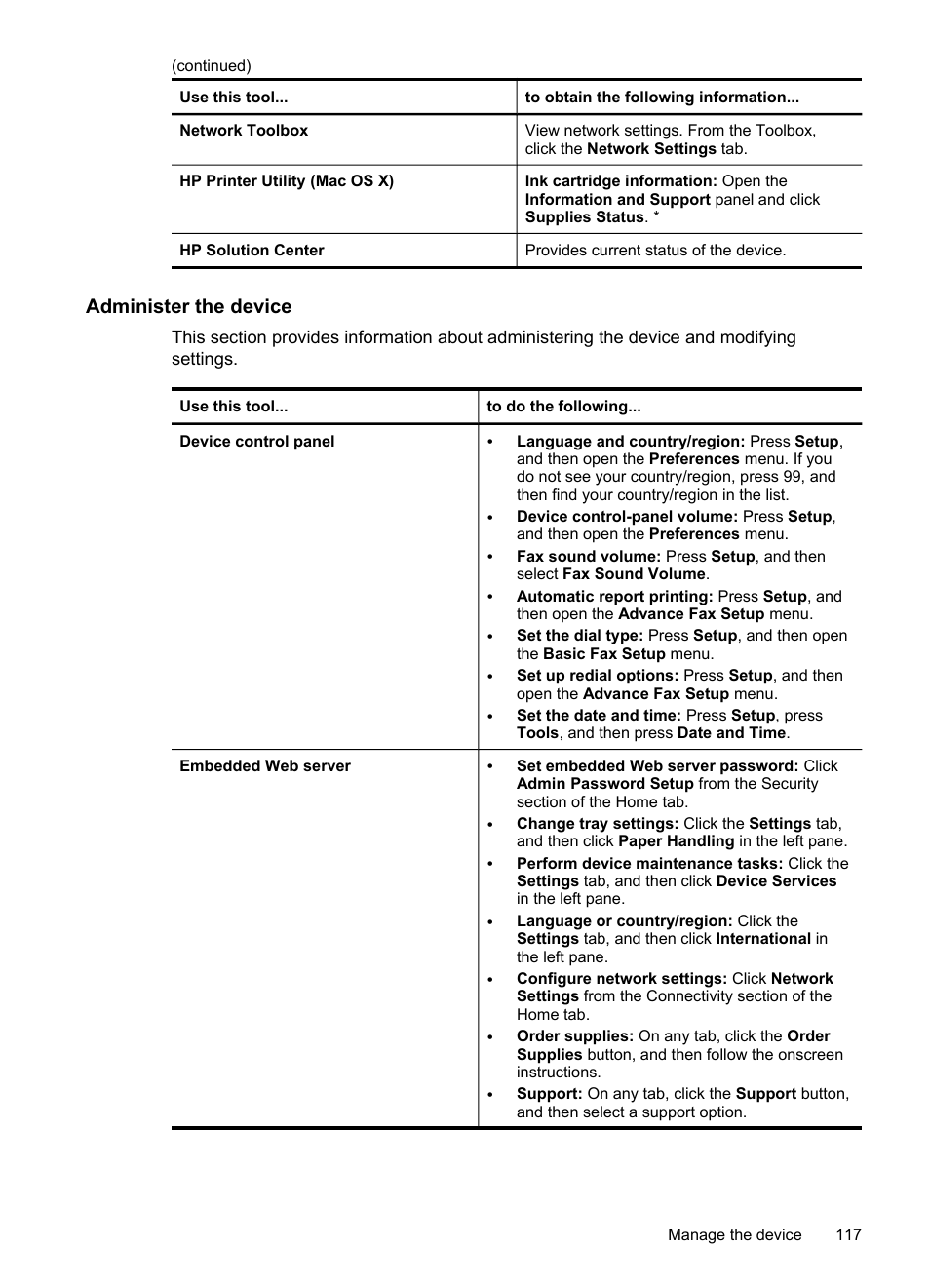 Administer the device | HP Officejet Pro 8500 User Manual | Page 121 / 306