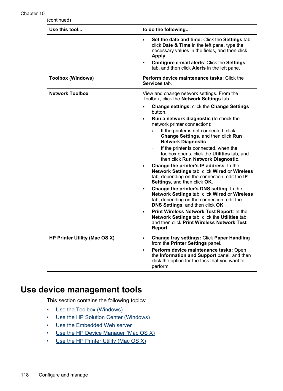 Use device management tools, Use the toolbox (windows), Open the toolbox toolbox tabs network toolbox | And using the tools, see | HP Officejet Pro 8500 User Manual | Page 122 / 306