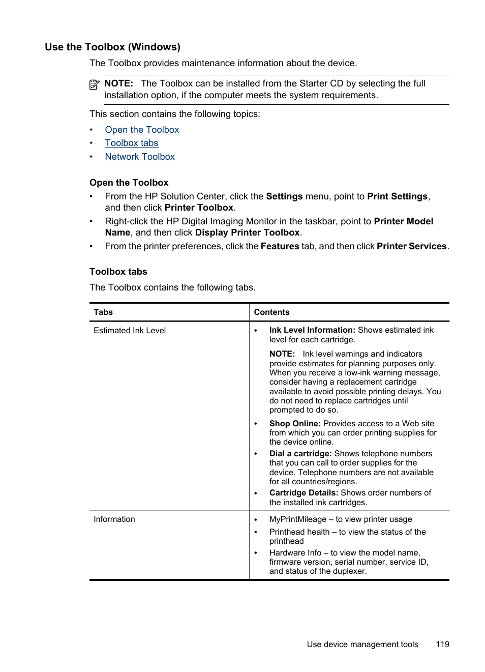 Use the toolbox (windows), Open the toolbox, Toolbox tabs | HP Officejet Pro 8500 User Manual | Page 123 / 306