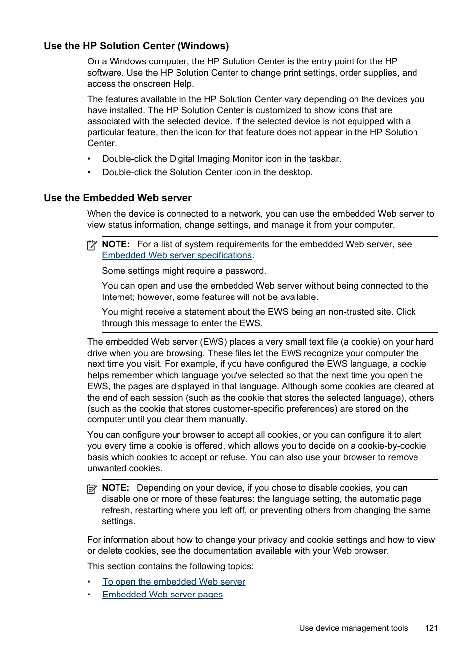 Use the hp solution center (windows), Use the embedded web server, Use the embedded web | Server, The ews, see, Use the hp solution center, Windows) | HP Officejet Pro 8500 User Manual | Page 125 / 306