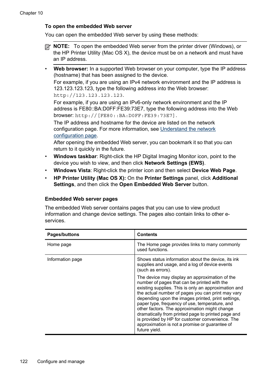 To open the embedded web server | HP Officejet Pro 8500 User Manual | Page 126 / 306