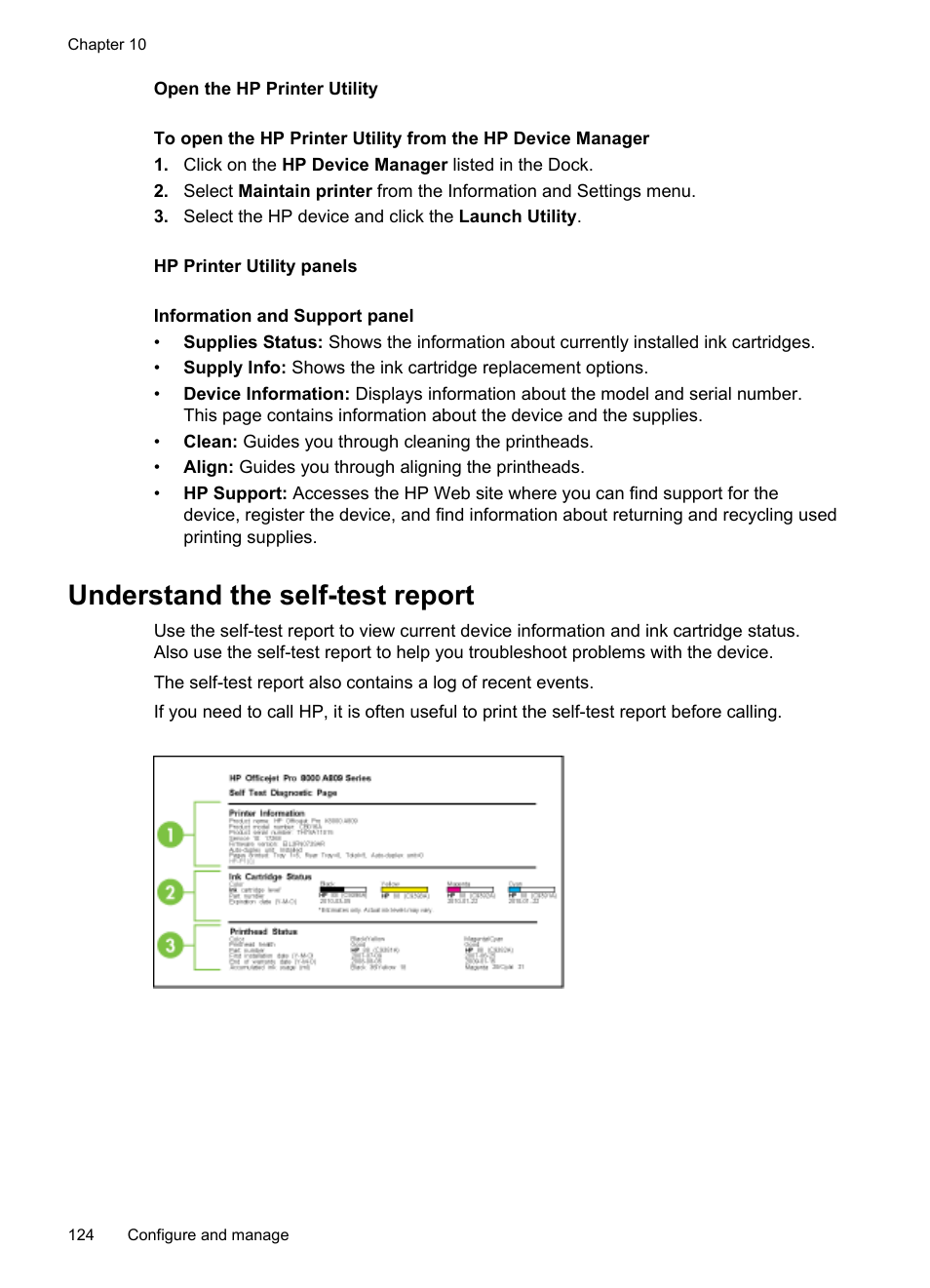 Open the hp printer utility, Hp printer utility panels, Understand the self-test report | HP Officejet Pro 8500 User Manual | Page 128 / 306