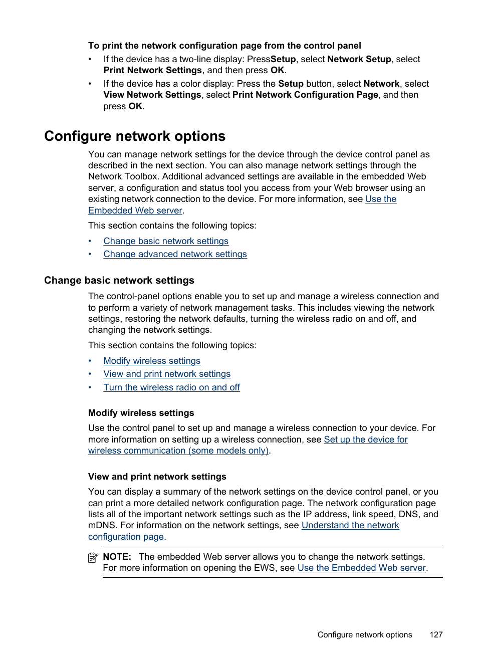 Configure network options, Change basic network settings, Modify wireless settings | View and print network settings, Change advanced network settings, Then see, Configure, Network options | HP Officejet Pro 8500 User Manual | Page 131 / 306