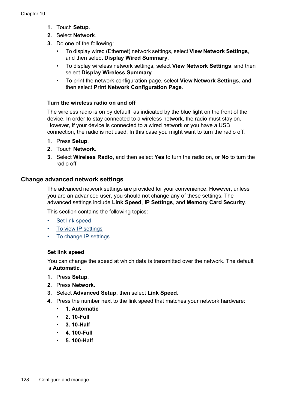 Turn the wireless radio on and off, Change advanced network settings, Set link speed | HP Officejet Pro 8500 User Manual | Page 132 / 306