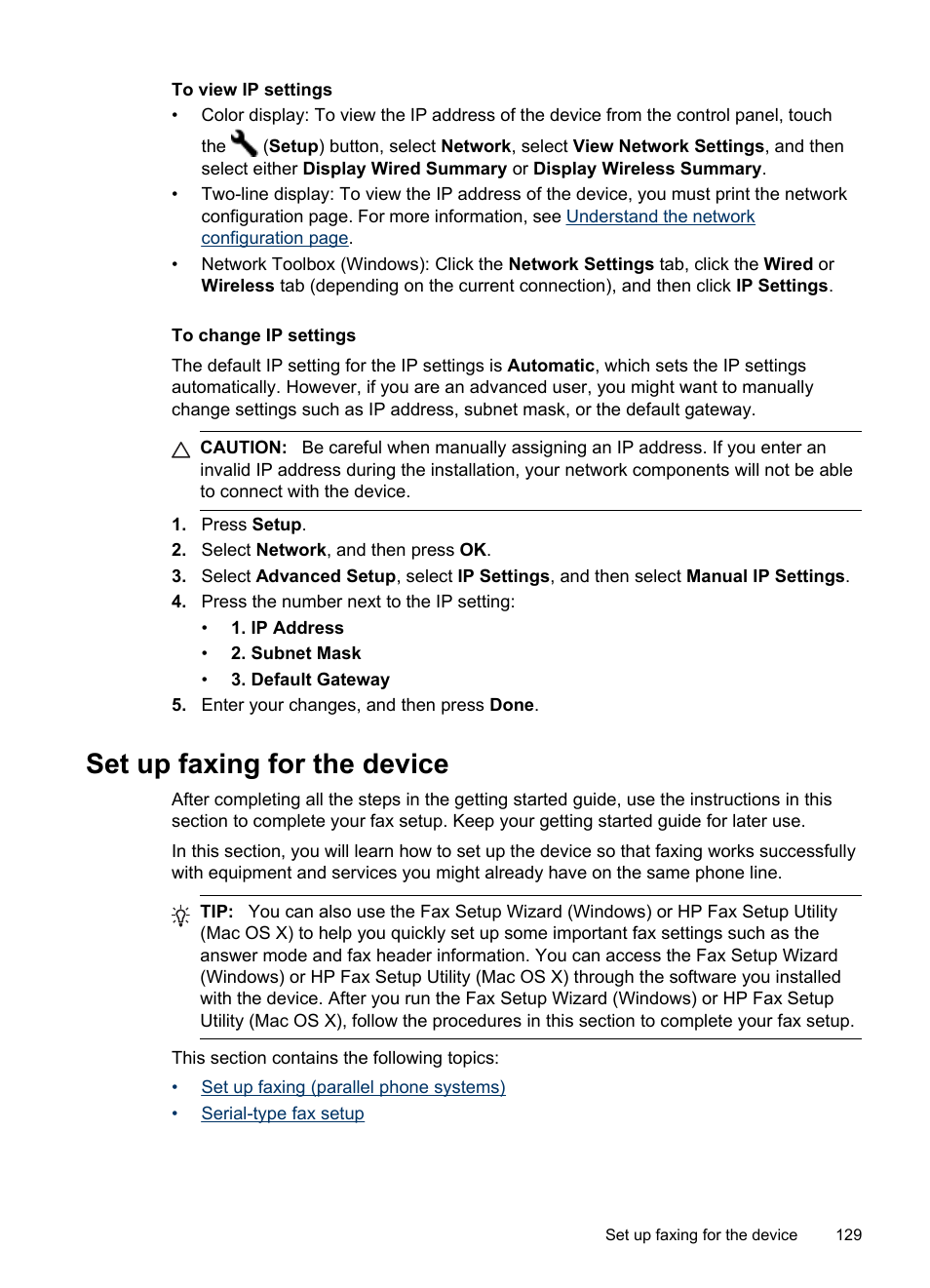 To view ip settings, To change ip settings, Set up faxing for the device | Set up faxing (parallel phone systems), Serial-type fax setup | HP Officejet Pro 8500 User Manual | Page 133 / 306