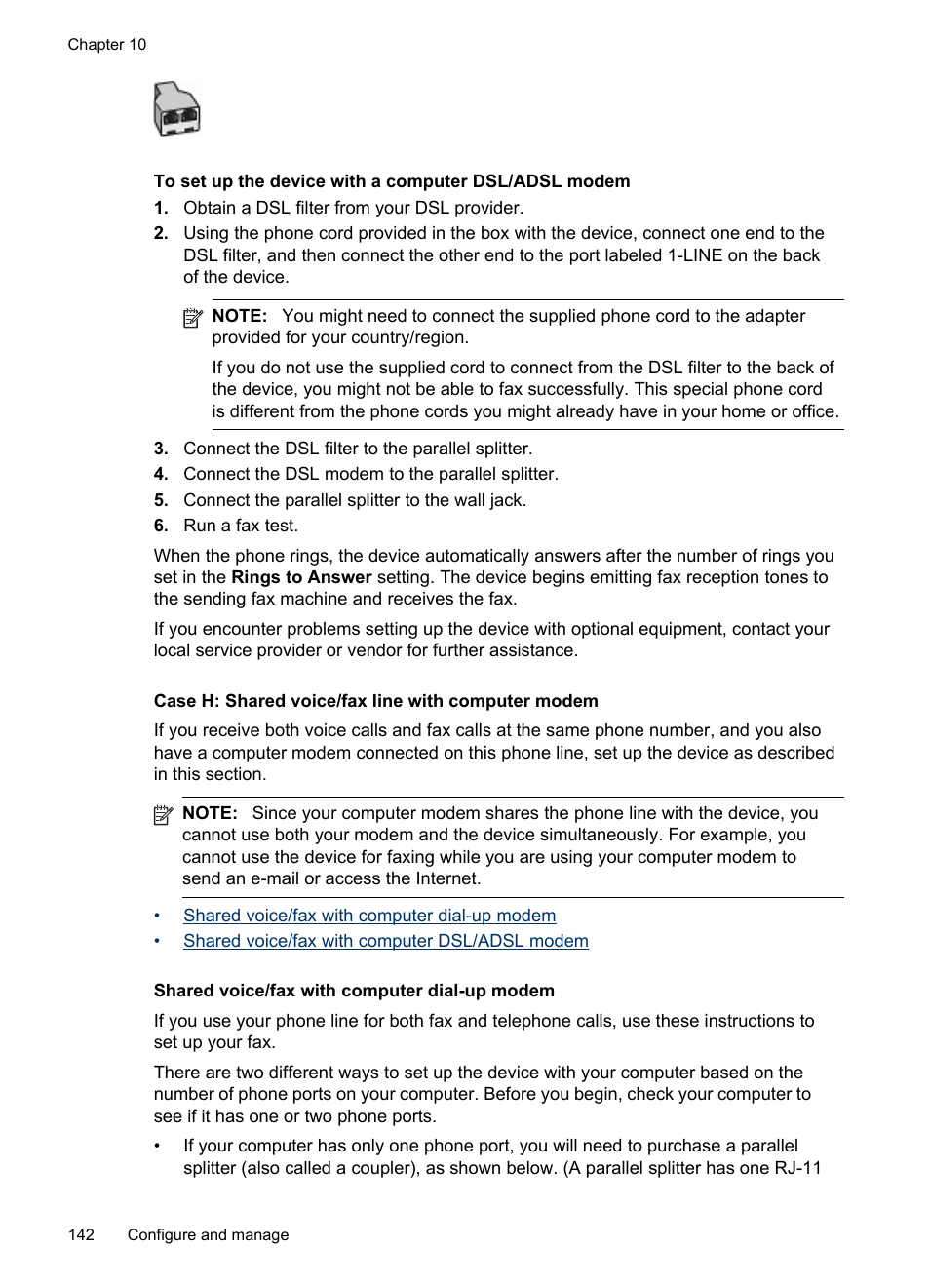 Case h: shared voice/fax line with computer modem, Case h: shared voice/ fax line with computer modem | HP Officejet Pro 8500 User Manual | Page 146 / 306