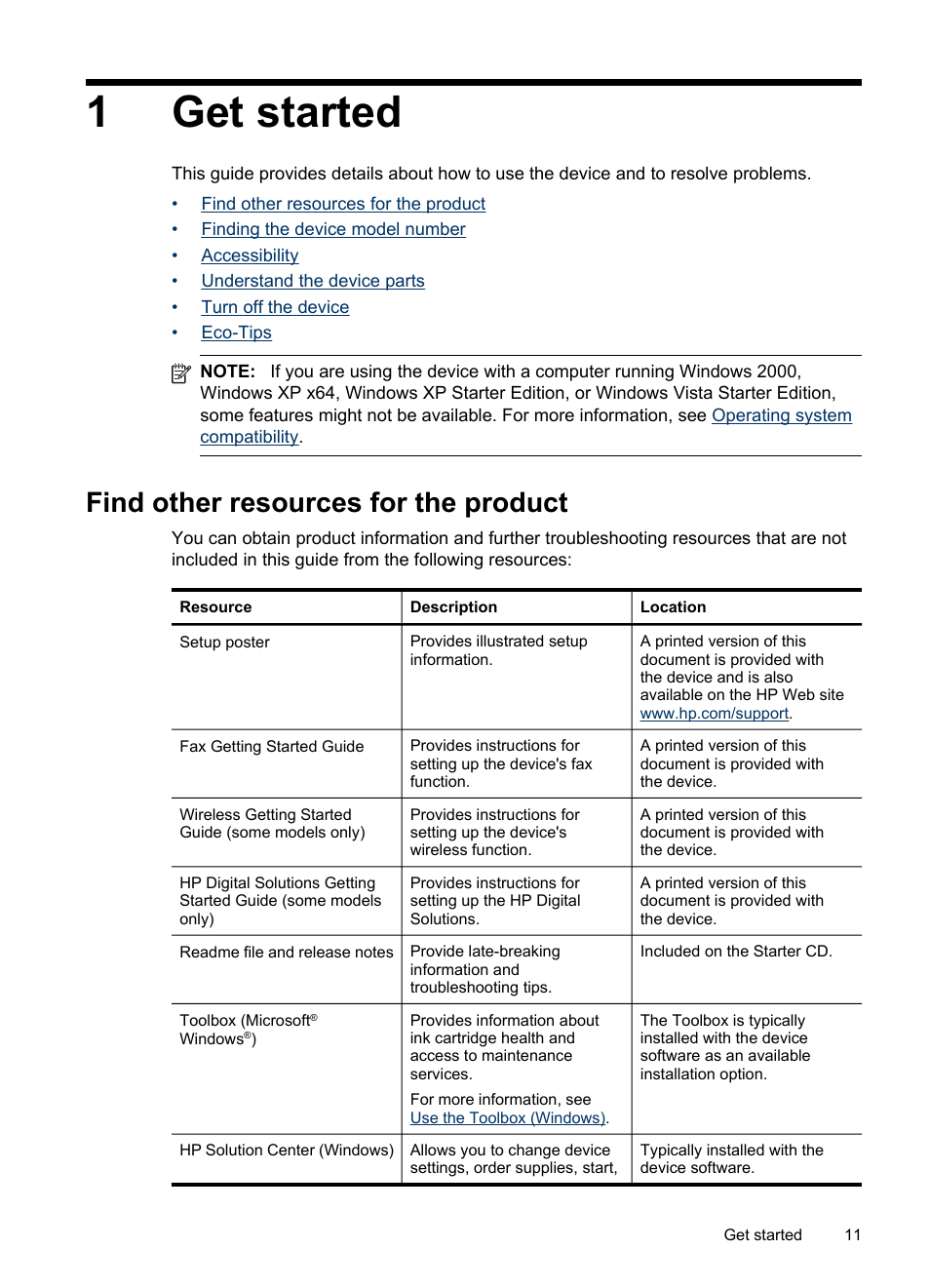 Get started, Find other resources for the product, 1 get started | 1get started | HP Officejet Pro 8500 User Manual | Page 15 / 306