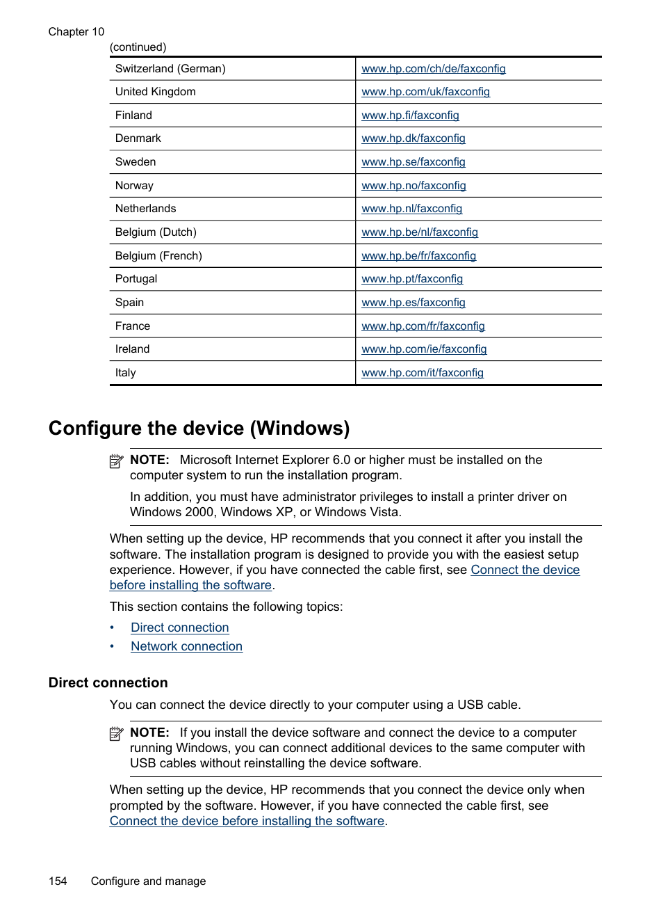 Configure the device (windows), Direct connection, Network connection | HP Officejet Pro 8500 User Manual | Page 158 / 306
